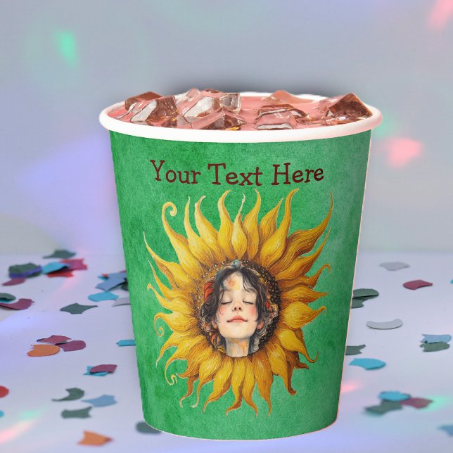 Cute Smiling Girl in Yellow Sunflower on Greens Paper Cups (Face of peaceful girl in big yellow sunflower on green paper party drinking cups.)