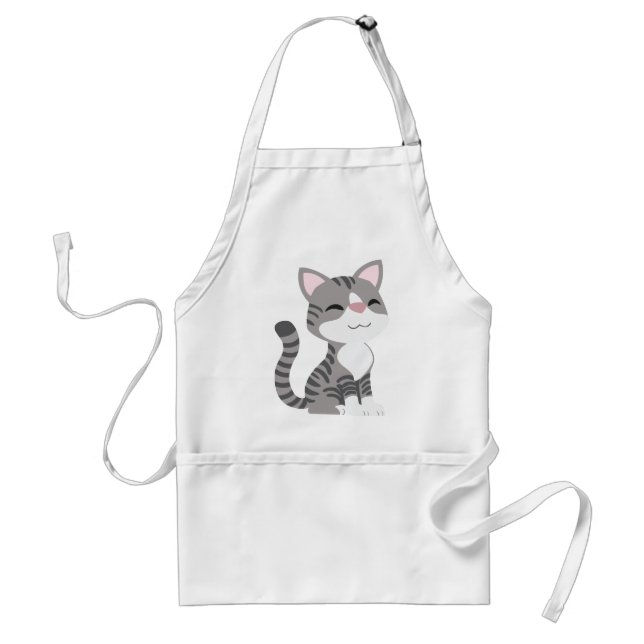 Cute Smiling Gray Tabby Cat Adult Apron (Front)