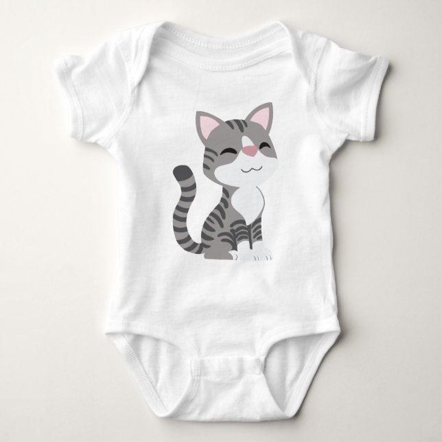 Cute Smiling Gray Tabby Cat Baby Bodysuit (Front)