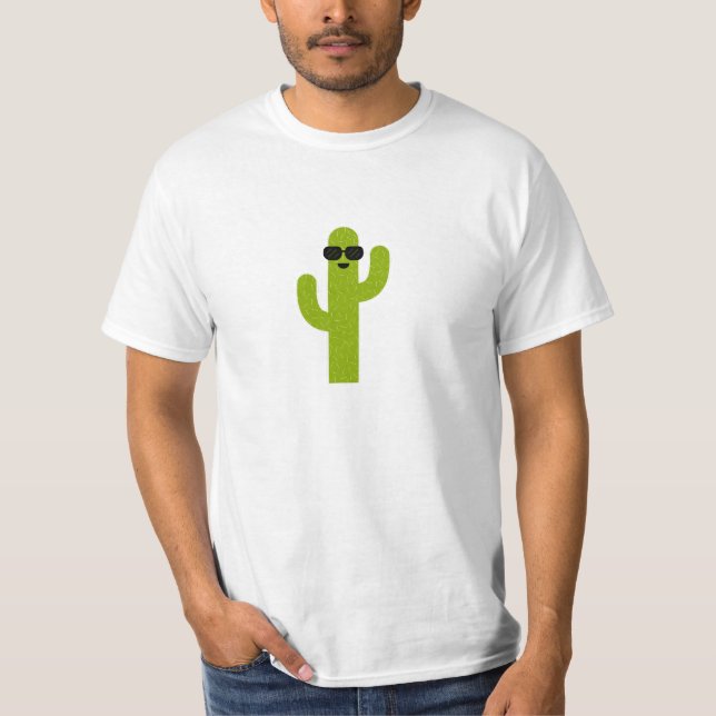 Cute Smiling Green Cactus Wearing Sunglasses T-Shirt (Front)