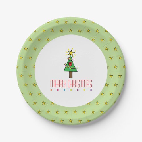 Cute Smiling Green Merry Christmas Tree Cartoon Paper Plates