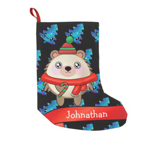 Cute Smiling Hedgehog with Santa Hat Small Christmas Stocking