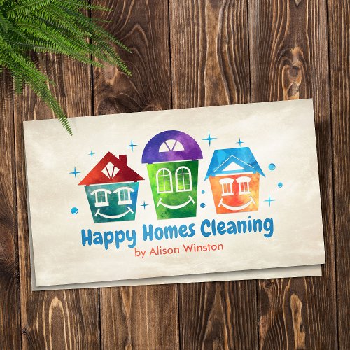 Cute Smiling Houses Cleaning Services Business Card