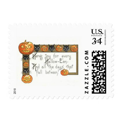 Cute Smiling Jack O Lantern Black Cat Postage