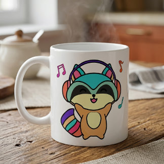 Cute smiling Kawaii Baby Raccoon with Headphones Coffee Mug