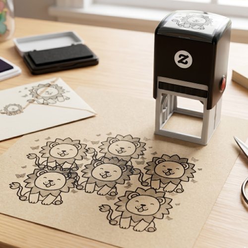 Cute smiling Kawaii Lion with Butterflies Cartoon Self-inking Stamp