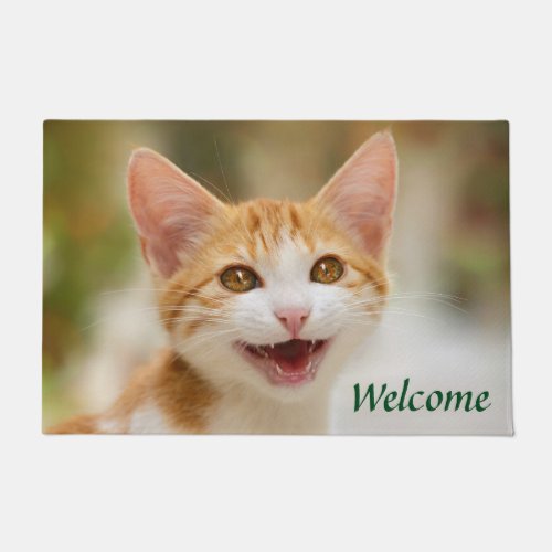 Cute Smiling Kitten Face Funny Cat Meow Photo Doormat