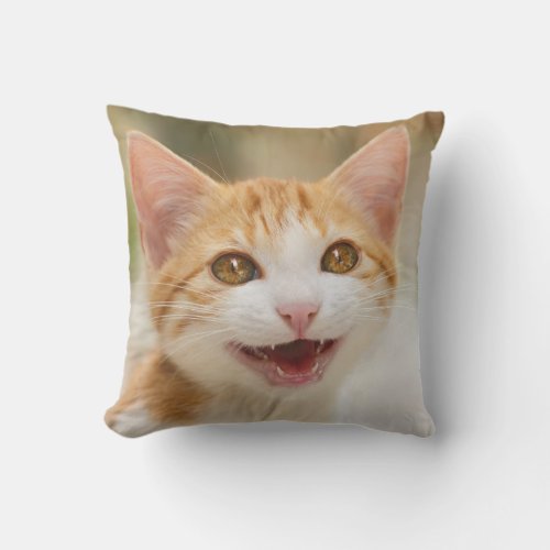 Cute Smiling Kitten Face Funny Cat Meow Photo Throw Pillow