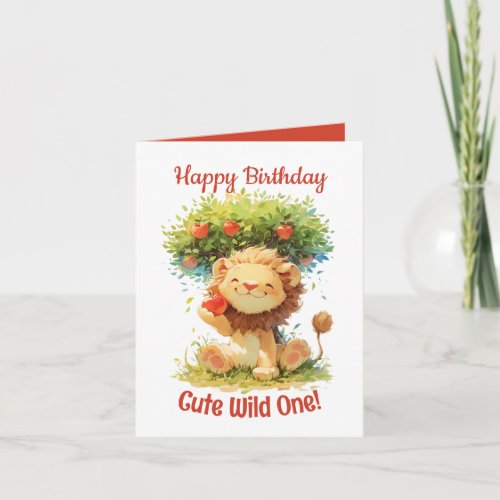 Cute Smiling Lion And Apple Tree Birthday Card