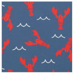 Cute Smiling Lobster on Navy Blue Fabric