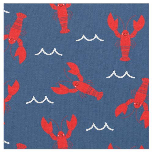 Cute Smiling Lobster on Navy Blue Fabric
