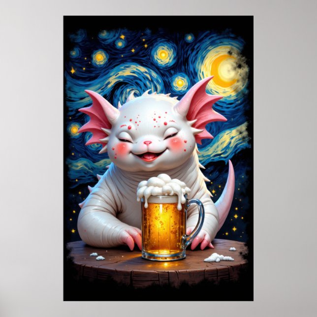 Cute smiling monster with a mug of beer and starry poster (Front)