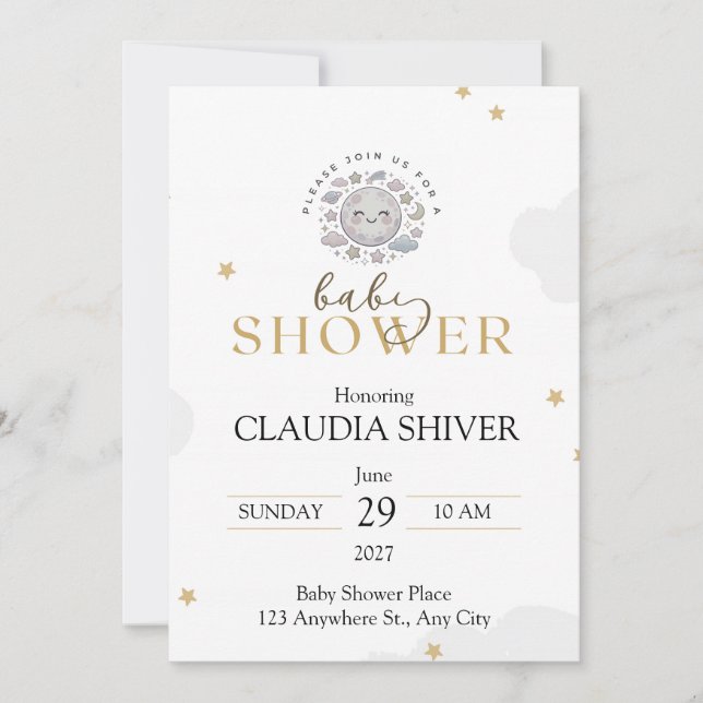 Cute Smiling Moon with Stars and Clouds Invitation (Front)