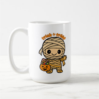 Cute Smiling Mummy Kid with Pumpkin Candy Basket  Coffee Mug