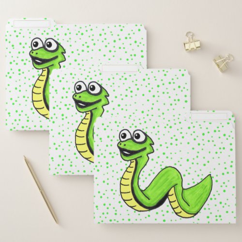 Cute Smiling Neon Green Snake on Polka Dots File Folder