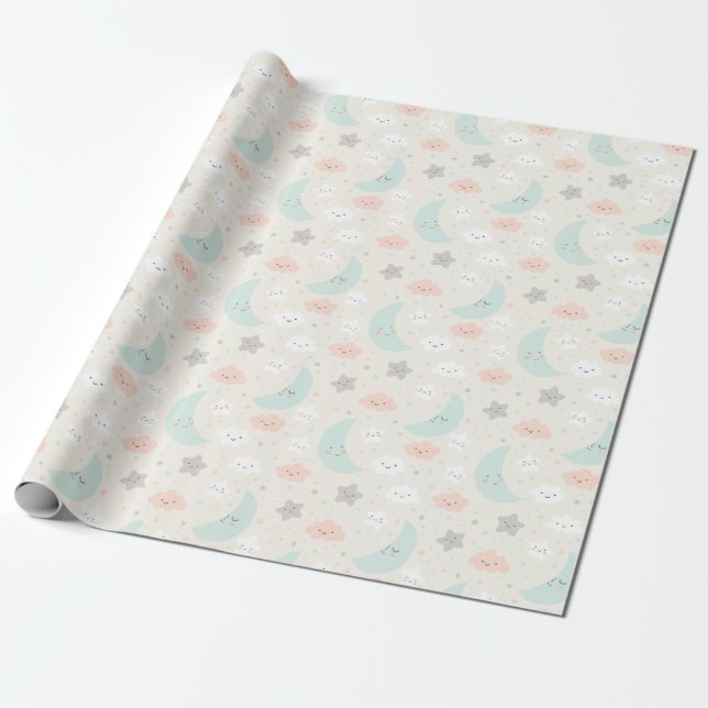 Cute Smiling Pastel Sky Pattern Wrapping Paper (Unrolled)