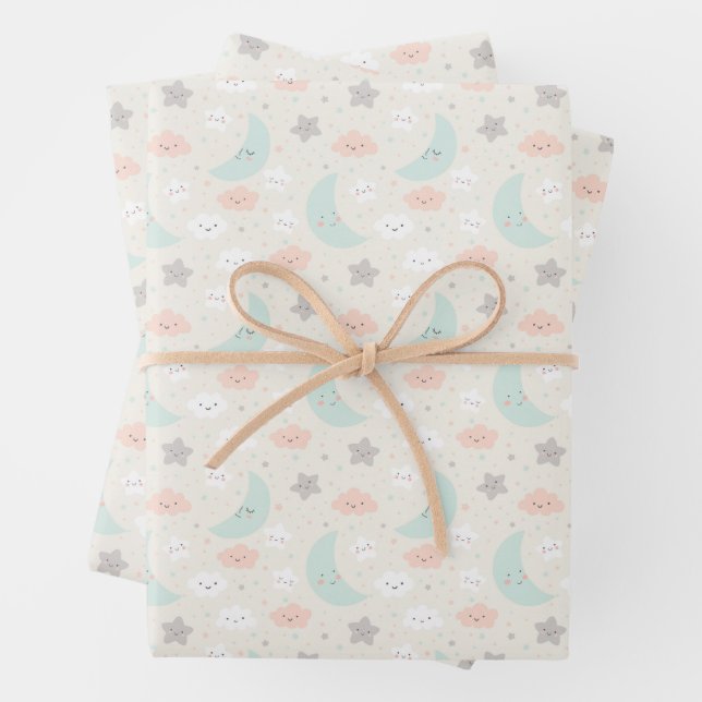Cute Smiling Pastel Sky Pattern Wrapping Paper Sheets (In situ)