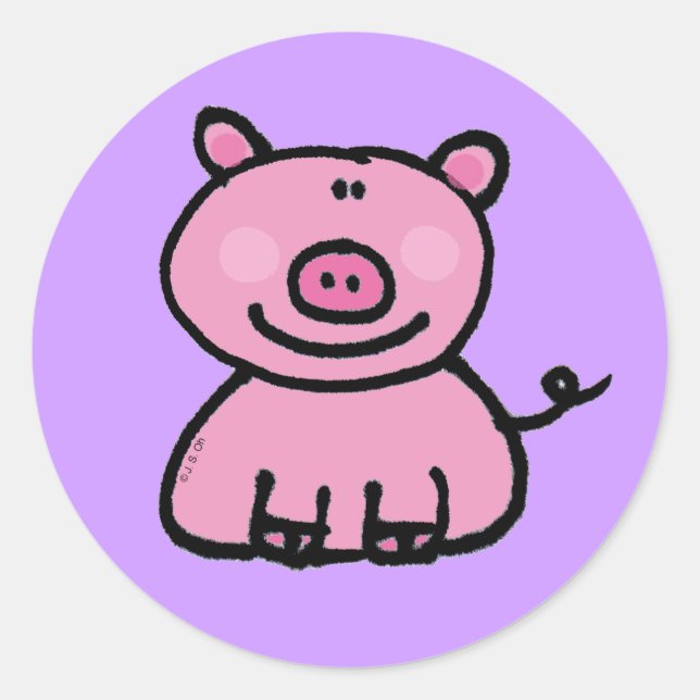 Cute Smiling Pig on Purple Design Classic Round Sticker (Front)