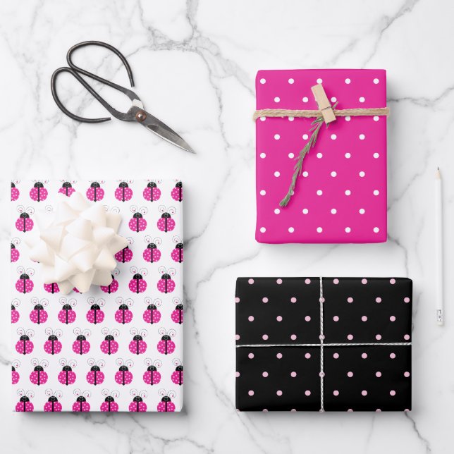 Cute Smiling Pink Polka Dot Ladybug Pattern Wrapping Paper Sheets (Front)