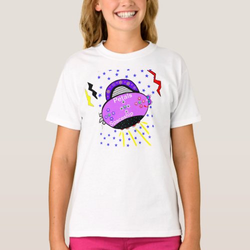 Cute Smiling Pink Purple Petals Spaceship Stars T_Shirt