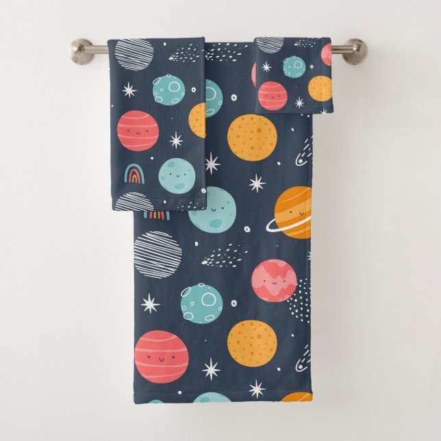 Cute Smiling Planet Pattern Bath Towel Set (Insitu)