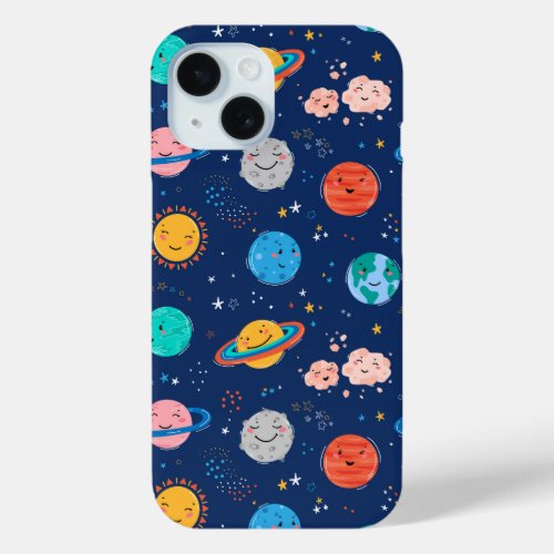 Cute Smiling Planet Pattern iPhone 15 Case