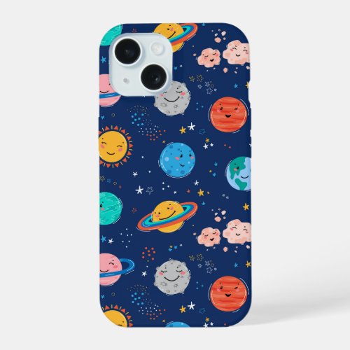 Cute Smiling Planet Pattern iPhone 15 Case