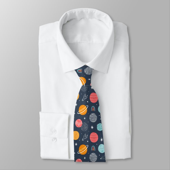 Cute Smiling Planet Pattern Neck Tie (Tied)