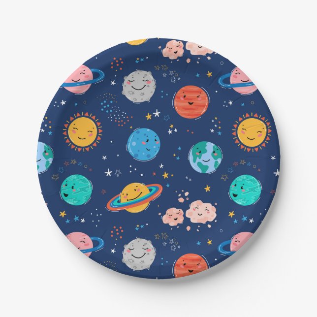 Cute Smiling Planet Pattern Paper Plates (Front)