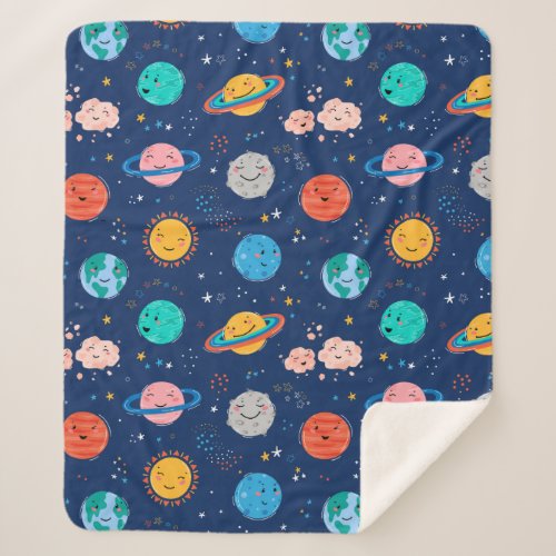 Cute Smiling Planet Pattern Sherpa Blanket