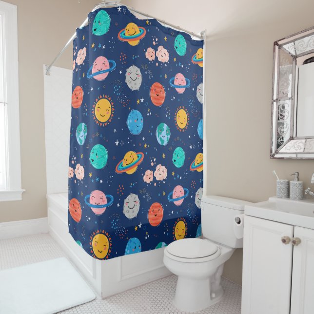 Cute Smiling Planet Pattern Shower Curtain (In Situ)