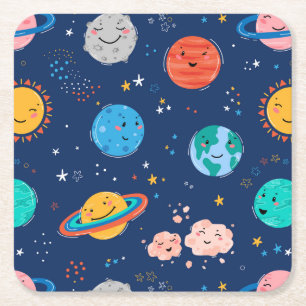 Cute Smiling Planet Pattern Square Paper Coaster