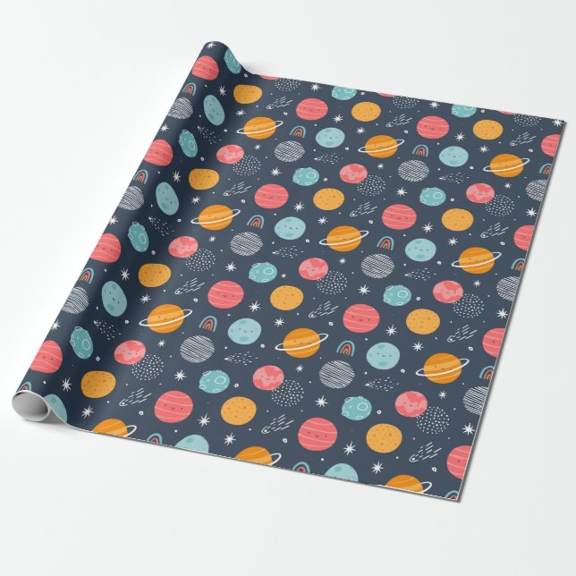 Cute Smiling Planet Pattern Wrapping Paper (Unrolled)