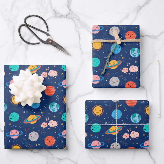 Cute Smiling Planet Pattern Wrapping Paper Sheets (Front)