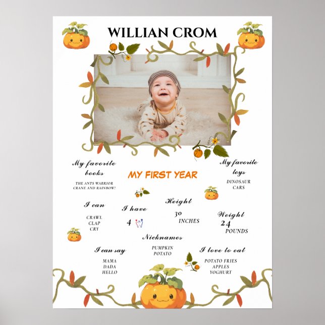 Cute Smiling Pumpkin 1st Year Birthday Milestone Poster (Front)