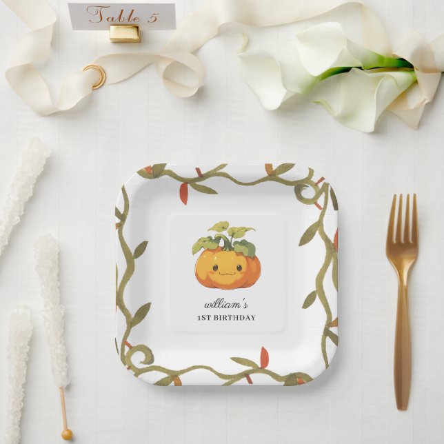 Cute Smiling Pumpkin Land 1st Birthday Paper Plates (Wedding)