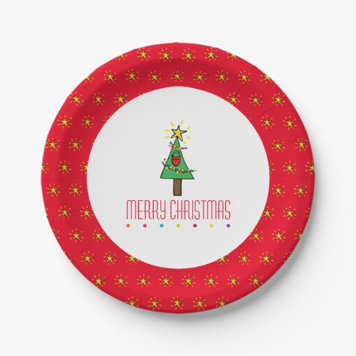 Cute Smiling Red Merry Christmas Tree Cartoon Paper Plates