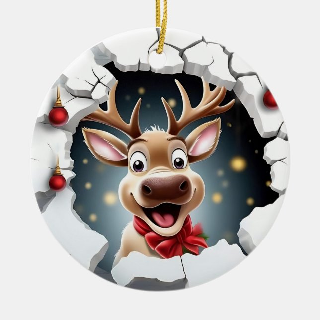Cute smiling reindeer breaking through ceramic ornament (Front)