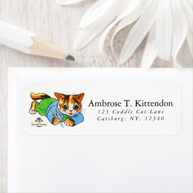 Cute Smiling Retro 1930 Cartoon Cat Writers Mascot Label (Insitu)