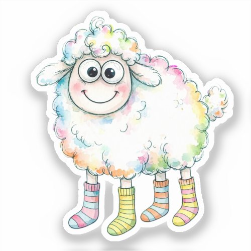 Cute Smiling Sheep With Colorful Striped Socks Sticker