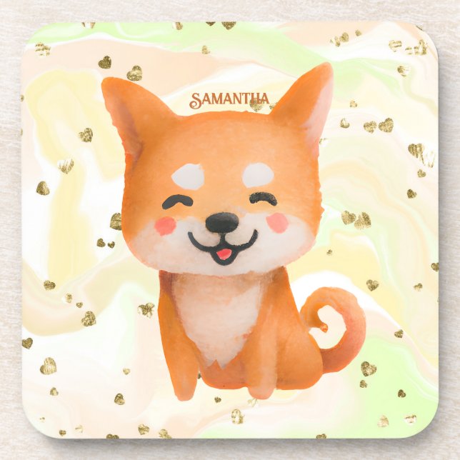 Cute Smiling Shiba Inu Beverage Coaster (Front)