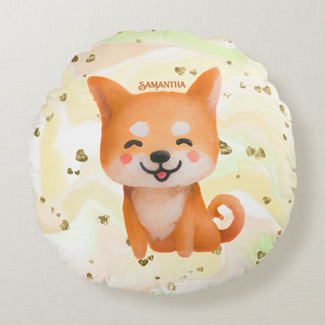 Cute Smiling Shiba Inu Round Pillow (Front)