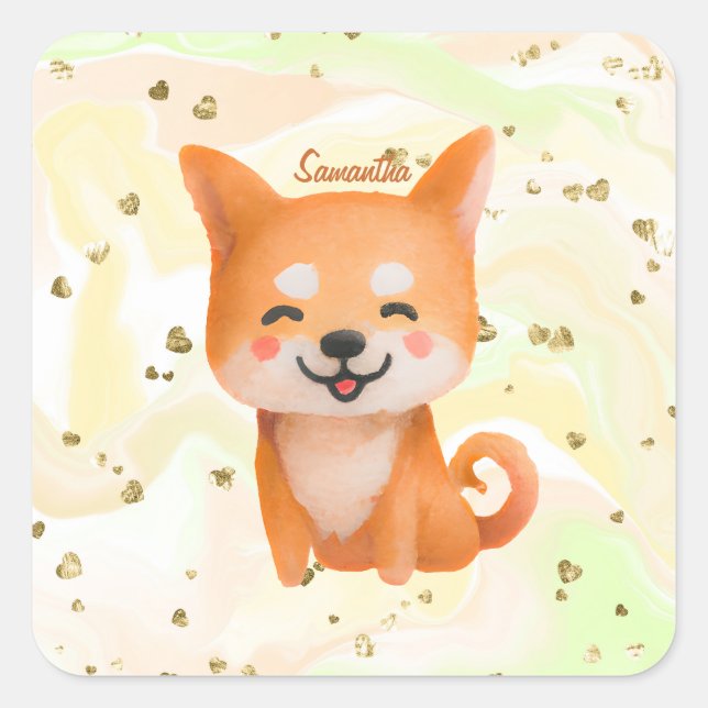 Cute Smiling Shiba Inu Square Sticker (Front)