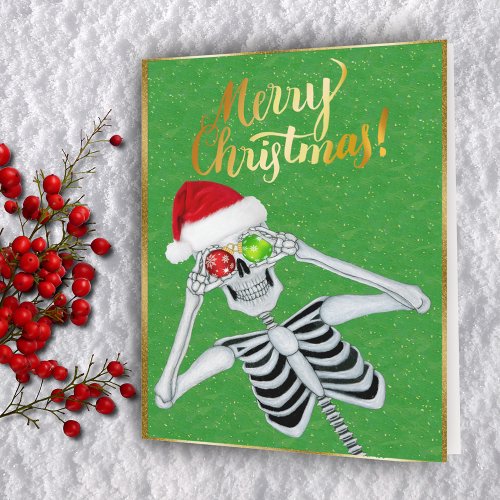 Cute Smiling Skeleton Ornaments Santa Hat Green  Holiday Card