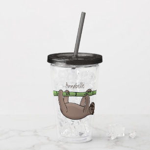 Cute smiling sloth on bamboo cartoon illustration acrylic tumbler