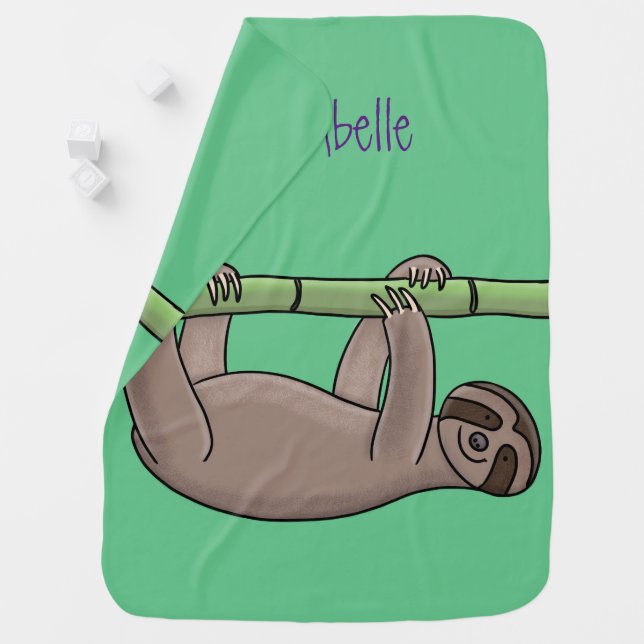 Cute smiling sloth on bamboo cartoon illustration baby blanket (In Situ)
