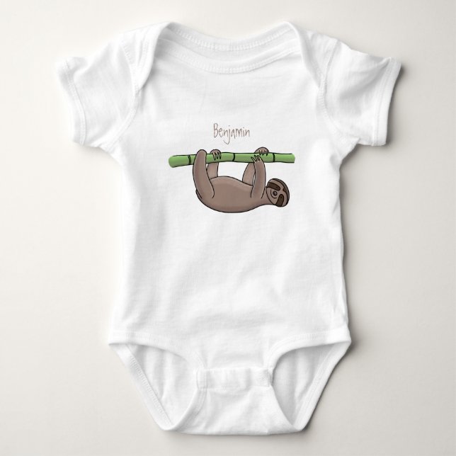 Cute smiling sloth on bamboo cartoon illustration baby bodysuit (Front)