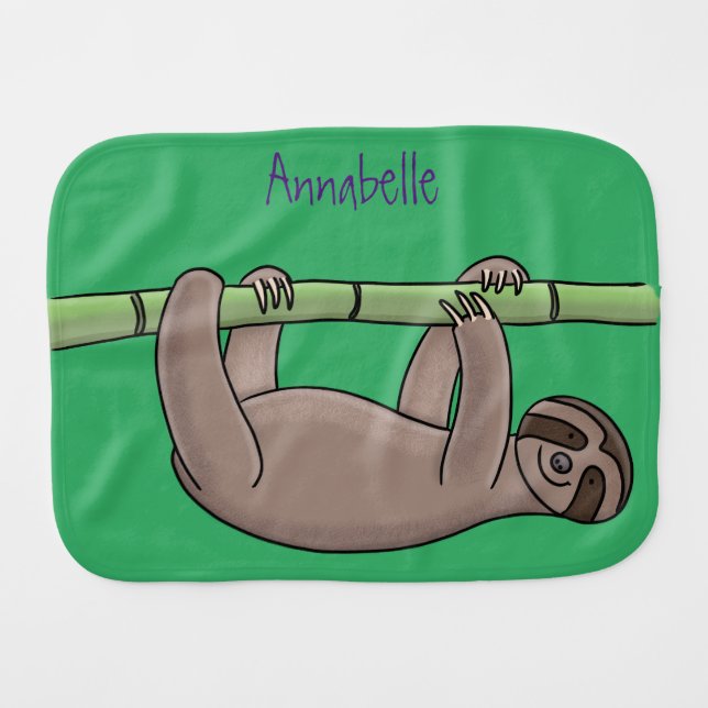 Cute smiling sloth on bamboo cartoon illustration baby burp cloth (Front Horizontal)