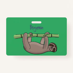 Cute smiling sloth on bamboo cartoon illustration badge