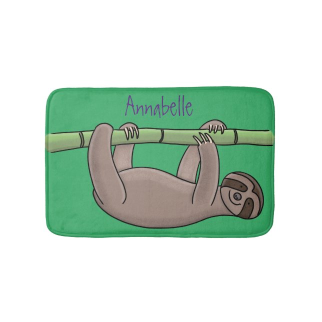 Cute smiling sloth on bamboo cartoon illustration bath mat (Front)